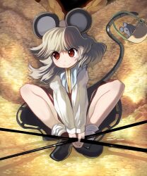  animal_ears bare_legs basket coin commentary_request female gold grey_hair highres holding holding_with_tail mouse_(animal) mouse_ears mouse_tail nazrin photoshop_(medium) prehensile_tail red_eyes short_hair sitting smile socks solo syope tail tail_raised touhou treasure 