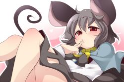  aki_(akikaze_asparagus) animal_ears blush capelet commentary_request female finger_to_mouth grey_hair looking_at_viewer lying mouse_ears mouse_tail nazrin on_back red_eyes short_hair solo tail touhou 