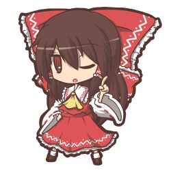  ;o bad_id bad_pixiv_id bow brown_eyes brown_hair chibi female fushigi_ebi hair_tubes hairbow hakurei_reimu hand_on_own_hip long_hair lowres one_eye_closed red_bow simple_background solo touhou white_background 