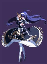  ahoge archived_source bad_id bad_link blue_eyes blue_hair dress female fighting_stance full_body high_heels huge_ahoge left-handed long_hair official_art orie_ballardiae_harada pantyhose purple_background rapier shoes simple_background solo spikes standing sword tiptoes under_night_in-birth weapon white_pantyhose yoshihara_seiichi 