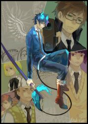  2girls 4boys ao_no_exorcist black_hair blonde_hair blue_fire blue_hair boots brothers commentary_request fire flame-tipped_tail glasses green_eyes kamiki_izumo mole moriyama_shiemi multiple_boys multiple_girls naked_cat necktie okumura_rin okumura_yukio photoshop_(medium) pointy_ears school_uniform sheath sheathed shima_renzou short_hair siblings striped striped_necktie suguro_ryuuji sweater_vest sword tail weapon wings 