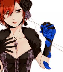  bad_id bad_pixiv_id blue_flower blue_rose breasts cleavage commentary_request corset cross cross_necklace earrings feather_boa female flower gloves hair_flower hair_ornament hiro_satochi jewelry large_breasts lips lipstick makeup meiko_(vocaloid) necklace petals red_eyes red_hair rose short_hair solo vocaloid 