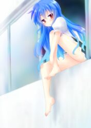  bare_legs barefoot blue_hair blush commentary_request female hinanawi_tenshi hugging_own_legs leg_up long_hair looking_at_viewer open_mouth painttool_sai_(medium) red_eyes saki_chisuzu shirt sitting sitting_in_window skirt solo touhou window 