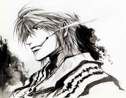  1boy cigarette commentary_request genjou_sanzou high_collar lips male_focus monochrome nekoyashiki portrait profile saiyuki short_hair simple_background smoking solo traditional_media 