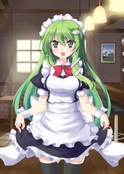  alternate_costume bad_id bad_pixiv_id bar_(place) black_thighhighs blush breasts commentary_request cosplay curtsey enmaided female frog_hair_ornament green_hair hair_ornament highres indoors kazami_chiu kochiya_sanae large_breasts long_hair looking_at_viewer maid maid_headdress skirt_hold snake solo thighhighs touhou wooden_floor wrist_cuffs zettai_ryouiki 