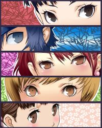  5girls amagi_yukiko black_hair blue_eyes blue_hair blush brown_eyes brown_hair chibichibi-komaru column_lineup commentary_request cut-in doujima_nanako earrings highres jewelry kujikawa_rise multiple_girls persona persona_4 red_hair satonaka_chie shirogane_naoto short_hair split_crop yellow_eyes 