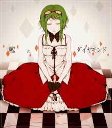  bad_id bad_pixiv_id bare_shoulders breasts cleavage closed_eyes detached_collar dress eyelashes female gloves green_hair gumi hiro_satochi medium_breasts short_hair short_hair_with_long_locks sidelocks sitting solo string string_of_fate translated uso_to_diamond_(vocaloid) vocaloid 