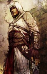  1boy altair_ibn_la-ahad assassin&#039;s_creed assassin&#039;s_creed_(series) bad_id bad_pixiv_id facial_hair hood male_focus moguraana solo stubble sword vambraces weapon 