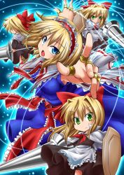  alice_margatroid blonde_hair blue_eyes commentary_request female green_eyes hairband kokutou_nikke lance open_mouth polearm shanghai_doll short_hair solo touhou weapon 