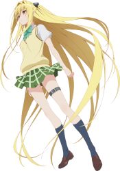  blonde_hair female full_body green_skirt hair_ornament highres konjiki_no_yami long_hair looking_up official_art oka_yuuichi open_mouth plaid plaid_skirt production_art red_eyes sainan_high_school_uniform school_uniform skirt socks solo sweater_vest thigh_strap to_love-ru to_love-ru_darkness transparent_background two_side_up very_long_hair 