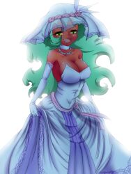  breasts demon_girl dress female formal gloves green_eyes green_hair ingenmame jewelry large_breasts long_hair nabeshiki_(ingenmame) necklace open_mouth panty_&amp;_stocking_with_garterbelt pointy_ears red_skin scanty scanty_(psg) smile solo suit veil wedding_dress 