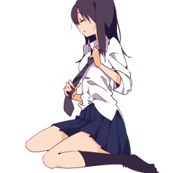  black_hair black_socks closed_eyes commentary_request female full_body highres kneehighs long_hair necktie no_shoes original profile school_uniform shimano simple_background sitting sleeves_rolled_up socks solo undressing wariza white_background 