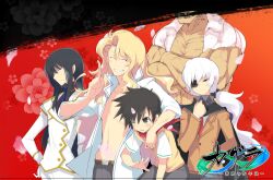  5boys asuka_(senran_kagura) black_hair blonde_hair crossed_arms eyepatch flower genderswap_(ftm) gloves grin hibari_(senran_kagura) ikaruga_(senran_kagura) katsuragi_(senran_kagura) long_hair multiple_boys muscular necktie official_art one_eye_closed open_clothes open_shirt rule_63 senran_kagura senran_kagura_shoujo-tachi_no_shin&#039;ei shirt smile white_gloves white_hair yaegashi_nan yagyu_(senran_kagura) 