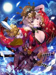  aiming aiming_at_viewer arm_behind_head arms_up bad_id bad_pixiv_id blonde_hair breasts brown_eyes cleavage female foreshortening full_moon japanese_clothes katana large_breasts midriff mochizuki_chiyome_(sengoku_saga) mole moon photoshop_(medium) sengoku_saga sheath sheathed smile solo sword tiara tob weapon wide_sleeves 