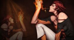  armenian bare_shoulders cyphers female fire fire_witch_tara flower helios red_eyes red_hair rose secretary short_hair sit sitting tara tara_(cyphers) tara_chivas_zhonovich 