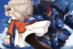  bow cloud commentary_request day dress drill_hair female goggles goggles_on_head hairbow kouno_hikaru long_hair maria_balthasar mecha pantyhose robot seibzehn skirt sky tears white_hair xenogears yellow_bow 