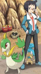  1boy adjusting_eyewear black_eyes black_hair cheren_(pokemon) darumaka glasses hand_in_pocket male_focus outdoors panpour pokemoa pokemon pokemon_(creature) pokemon_bw rock sandile servine standing 