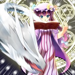  :o bad_id bad_pixiv_id blue_eyes book bow crescent dragon dx_(dekusu) female groin hairbow hat hat_bow hexagram highres long_hair magic motion_blur navel open_mouth patchouli_knowledge purple_hair solo striped touhou vertical_stripes 