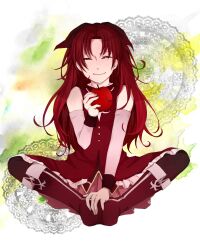  apple bare_shoulders boots bow butterfly_sitting closed_eyes detached_sleeves female food fruit hairbow highres hiro_satochi imageboard_desourced long_hair magical_girl mahou_shoujo_madoka_magica mahou_shoujo_madoka_magica_(anime) non-web_source red_hair sakura_kyoko sakura_kyoko_(magical_girl) sitting smile solo 