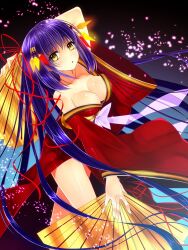  arm_behind_head bad_id bad_pixiv_id breasts cleavage female folding_fan hand_fan japanese_clothes kimono long_hair medium_breasts original purple_hair red_kimono ribbon solo very_long_hair yadapot yellow_eyes 