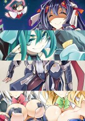  6+girls aqua_eyes aqua_hair armor asama_tomo blonde_hair blue_hair bodysuit breasts character_request cleavage closed_eyes commentary_request ear_covers grace_o&#039;malley grey_hair hair_ornament hanami_(horizon) horizon_ariadust kodama_yuu kyoukaisenjou_no_horizon large_breasts mary_stuart multiple_girls photoshop_(medium) pointy_ears scar 