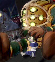  2boys barefoot big_daddy_(bioshock) bioshock_(series) bioshock_1 black_hair blood commentary_request doll dress drill drill_hand feet female glowing glowing_eyes hand_on_another&#039;s_head ichidai_taisa little_sister_(bioshock) multiple_boys neon_lights rosie_(bioshock) sitting smile soles toes window 