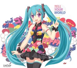  aqua_hair bare_shoulders character_name commentary_request female hatsune_miku headphones long_hair necktie npcpepper open_mouth photoshop_(medium) purple_eyes skirt solo tell_your_world_(vocaloid) thighhighs twintails very_long_hair vocaloid 