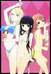  4girls :&lt; absurdres argyle_background arm_up ass bar_stool bare_shoulders bikini blonde_hair blue_bikini breast_poke breasts chibi flat_chest front-tie_top glasses green_eyes highres ice_cream_cone inu_x_boku_ss kotomura_chino large_breasts licking long_hair looking_at_viewer megami_magazine mini_person minigirl multiple_girls navel official_art photoshop_(medium) pink_eyes pink_hair poking pole purple_eyes purple_hair roromiya_karuta shirakiin_ririchiyo short_twintails sitting stool strap_gap swimsuit tongue twintails white_bikini yellow_bikini yoshida_takahiko yukinokouji_nobara 