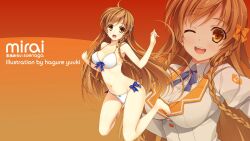  :d ;d ahoge bare_legs bare_shoulders barefoot bikini braid breasts brown_hair cleavage culture_japan female front-tie_top highres large_breasts long_hair navel one_eye_closed open_mouth orange_eyes photoshop_(medium) smile solo strap_gap suenaga_mirai swimsuit twin_braids white_bikini yuuki_hagure zoom_layer 