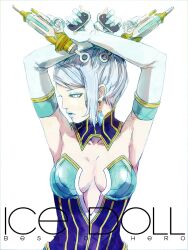  armpits arms_up bare_shoulders blue_eyes blue_hair blue_rose breasts cleavage commentary_request crystal_earrings dual_wielding earrings elbow_gloves female gloves gun holding jewelry karina_lyle lipstick makeup medium_breasts photoshop_(medium) reducto short_hair solo superhero_costume tiger_&amp;_bunny weapon 