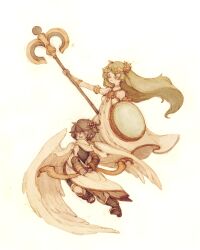  1boy angel bad_id bad_pixiv_id bare_shoulders bow_(weapon) bracer brown_hair female green_hair jewelry kid_icarus kid_icarus_uprising long_hair luce-in-the-sky palutena pit_(kid_icarus) shield tiara very_long_hair weapon wings 