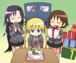  4girls blonde_hair bomb brown_hair cake closed_eyes commentary_request explosive food gift goshiki_agiri green_eyes hair_ribbon kill_me_baby long_hair multiple_girls namu_(nurui_cha) necktie oerba_yun_fang open_mouth orange_hair oribe_yasuna purple_eyes purple_hair ribbon school_uniform skirt sonya_(kill_me_baby) twintails unused_character_(kill_me_baby) 