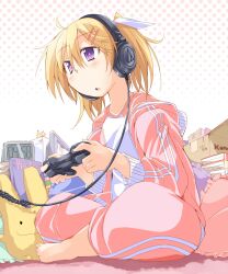  audio-technica barefoot bibi02 blonde_hair cameo chestnut_mouth clock commentary_request controller dualshock female game_controller gamepad hair_ornament hair_ribbon hairclip halftone halftone_background headphones highres indian_style monitor original pikachu pillow playstation_controller pokemon pokemon_(creature) purple_eyes ribbon sitting solo track_suit 