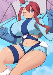  1boy big_breasts blinking female female_only game_freak huge_breasts jaga334 looking_at_viewer nintendo one_eye_closed outfit pokemon pokemon_(game) pokemon_bw purple_eyes red_hair skyla_(pokemon) solo solo_focus white_background wink winking_at_viewer 