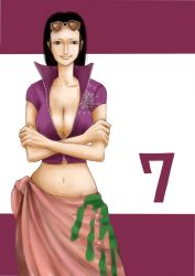  7 black_hair blue_shirt breasts brown_eyes center_opening cleavage collarbone crop_top crossed_arms female floral_print flower glasses glasses_on_head groin hair_slicked_back highres large_breasts long_hair looking_at_viewer lowleg midriff navel nico_robin no_bra one_piece open_clothes open_shirt pink_skirt revealing_clothes sabaody_archipelago sarong shirt short_sleeves skirt smile solo sunglasses sunglasses_on_head unzipped zipper 