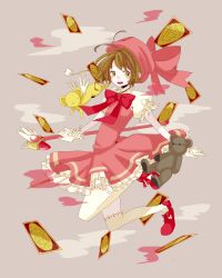  bad_id bad_pixiv_id brown_eyes brown_hair card cardcaptor_sakura clow_card dress female fuuin_no_tsue gloves highres kero_(cardcaptor_sakura) kinomoto_sakura ppptms short_hair stuffed_animal stuffed_toy teddy_bear thighhighs wand 