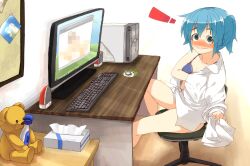  ! 3c1=3c2=3 at_computer bad_id bad_pixiv_id blue_bra blush bottomless bra bulletin_board caught censored chair computer computer_keyboard computer_mouse desk dress_shirt embarrassed female green_eyes green_hair hand_under_clothes hidamari_sketch indoors lingerie long_sleeves looking_at_viewer monitor nazuna_(hidamari_sketch) nori_(hidamari_sketch) nose_blush office_chair open_clothes open_shirt photo_(object) photoshop_(medium) sex_toy shirt sitting solo speaker stuffed_animal stuffed_toy sweatdrop swivel_chair teddy_bear tissue tissue_box ume-sensei underwear v vibrator white_shirt 