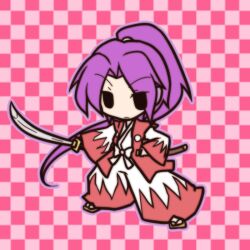  0_0 androgynous bad_id bad_pixiv_id checkered_background chibi female fushigi_ebi hakama hakama_pants holding japanese_clothes katana long_hair meira_(touhou) outline pants ponytail purple_hair scabbard sheath solid_oval_eyes solo sword touhou touhou_(pc-98) weapon 