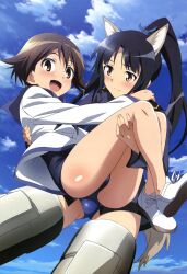  2girls absurdres animal_ears black_hair brown_hair cloud day dog_ears dog_girl dog_tail flying hattori_shizuka highres imageboard_desourced legs long_hair miyafuji_yoshika multiple_girls non-web_source nyantype official_art open_mouth ponytail scan school_swimsuit school_uniform serafuku shimizu_yuusuke short_hair sky strike_witches striker_unit swimsuit swimsuit_under_clothes tail very_long_hair world_witches_series 