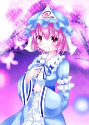  bug butterfly cherry_blossoms commentary_request dango eating female food highres hitodama japanese_clothes obi pink_eyes pink_hair saigyouji_yuyuko sash short_hair solo touhou triangular_headpiece wagashi yuyumi_(yuurei) 