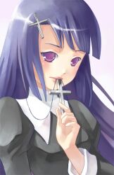  blue_hair blunt_bangs commentary_request cross cross_necklace elise_trinh female habit jewelry kannagi long_hair mouth_hold necklace nun purple_eyes solo traditional_nun zange 