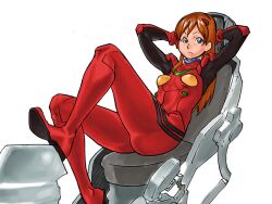  66head arms_behind_head arms_up ass bad_id bad_pixiv_id blue_eyes bodysuit bracer breasts brown_hair closed_mouth cockpit expressionless female from_side frown full_body gloves hands_on_own_head headgear knee_up leaning_back long_hair looking_at_viewer neon_genesis_evangelion parted_bangs photoshop_(medium) pilot_suit plugsuit reclining red_bodysuit sideways_glance simple_background sitting small_breasts solo souryuu_asuka_langley straight_hair traditional_media turtleneck white_background 