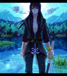  1boy black_hair commentary_request holding katana lake left-handed letterboxed long_hair male_focus nishikawa_(fe) solo standing sword tales_of_(series) tales_of_vesperia tree water weapon yuri_lowell 