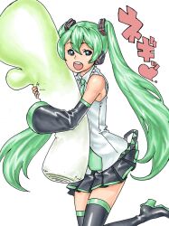  66head blue_eyes commentary_request detached_sleeves female green_hair happy hatsune_miku hugging_object long_hair photoshop_(medium) pillow pillow_hug skirt solo thighhighs twintails very_long_hair vocaloid zettai_ryouiki 