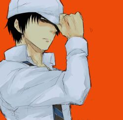  1boy bad_id bad_pixiv_id baseball_cap black_hair danshi_koukousei_no_nichijou hat karasawa_toshiyuki kuchiba_(silentblue05) male_focus necktie photoshop_(medium) simple_background solo striped striped_necktie 