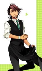  1boy bad_id bad_pixiv_id bracelet brown_eyes brown_hair facial_hair heart jewelry kaburagi_t._kotetsu male_focus mori-003 necktie one_eye_closed stubble tiger_&amp;_bunny vest waistcoat waiter watch wristwatch 