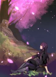  1boy bad_id bad_pixiv_id black_hair boots cherry_blossoms grass hand_on_leg knee_boots long_hair male_focus nishikawa_(fe) petals sitting solo tales_of_(series) tales_of_vesperia wind yuri_lowell 