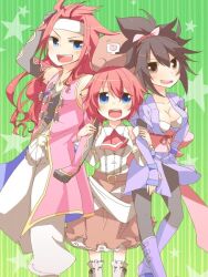  1boy 2girls bare_shoulders belt black_hair blue_eyes bra breasts brother_and_sister brown_eyes coat detached_sleeves hat multiple_girls open_mouth pants red_hair seles_wilder sheena_fujibayashi siblings skirt tales_of_(series) tales_of_symphonia underwear zelos_wilder 