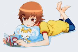  :d barefoot big_bad_wolf book brown_eyes brown_hair capri_pants feet female grimm&#039;s_fairy_tales heartcatch_precure! highres kuroboshi_kouhaku little_red_riding_hood little_red_riding_hood_(grimm) lying myoudouin_itsuki on_stomach open_mouth pants photoshop_(medium) potpourri_(heartcatch_precure!) precure reading scan short_hair smile solo the_pose 