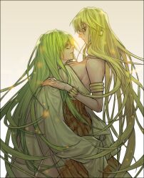  2girls androgynous armlet blonde_hair bracelet breasts commentary_request earrings enkidu_(fate) fate/stay_night fate/strange_fake fate_(series) genderswap_(mtf) gilgamesh_(fate) green_eyes green_hair hug jewelry large_breasts long_hair multiple_girls photoshop_(medium) red_eyes robe rule_63 shaliva sideboob sleeves_past_wrists toga very_long_hair 